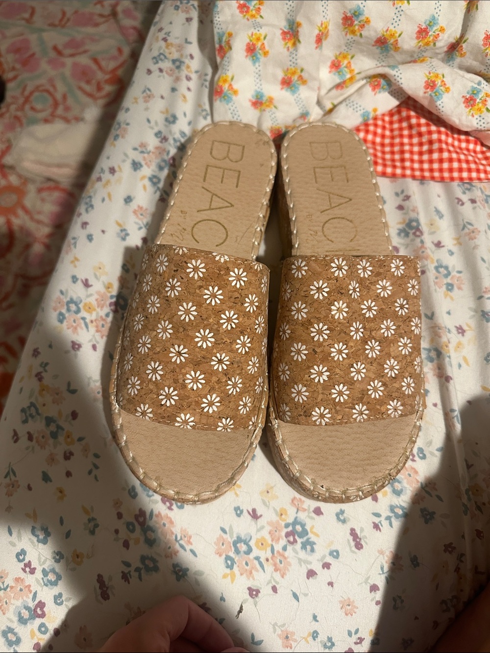 Tan Floral Slide Sandals with White Daisy Print